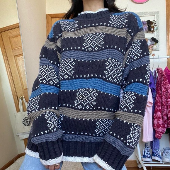 Vintage 100% Cotton Thick Knit Sweater with Blue and Gray Stripes